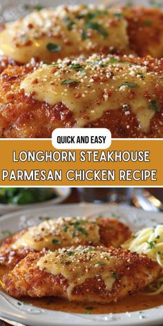 chicken parmesan recipe with text overlay that reads, quick and easy longhorn steakhouse parmesan chicken recipe