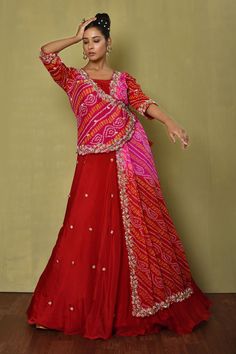 Shop for these amazing collections of Red Bandhej Print Gown For Women by Samyukta Singhania online at Aza Fashions. Embroidery Paisley, Bandhej Print, Function Dresses, Angrakha Style, Print And Embroidery, Bandhani Dress, Long Gown Design, Simple Kurta Designs