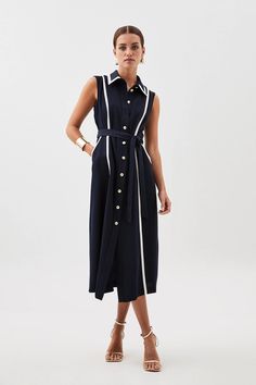 Petite Soft Tailored Pipe Detail Sleeveless Shirt Dress | Karen Millen T-shirt Dress, Jersey Shirt Dress, Poplin Shirt Dress, Elegant Clothing, Dramatic Classic, Sleeveless Shirt Dress, Soft Tailoring, City Outfits, Tailored Shirts