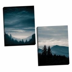 two canvases with trees and mountains in the background, one is black and white