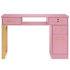 a pink desk with gold handles and drawers on it's sides, against a white background