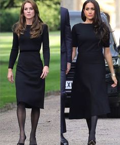 two pictures of the same woman in black dresses, one with her hand on her hip