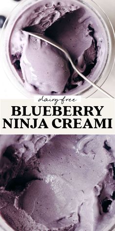 an image of blueberry ninja cream in a bowl with a spoon and the recipe below it