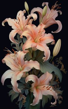 a vase filled with pink flowers on top of a black table next to a wall