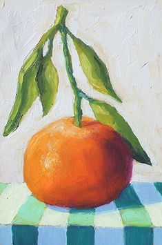 a painting of an orange on a checkered table cloth with green leaves sticking out of it