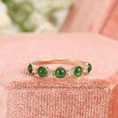 Green Jadeite Diamond Stackable Anniversary Band, Imperial Jade Stacking Ring, Round Cabochon Jade Promise Ring, Dainty Stacked Wedding Band ✧･ﾟ: *✧･ﾟ:* Welcome to Charles Davin Jewelry*:･ﾟ･ﾟ✧ Moissanite - a gemstone known to bring in luck in someone's life, the user can give off a look of elegance. You can give your special someone luck whilst showing your love to them. ✶Material: 10K/ 14K/ 18K ✶Main Stone: Natural Jadeite Jade; 3.0mm-5 ✶Side Stone: Diamonds; Total approx. 0.11ct ✶Color: D Colo Emerald Half Eternity Round Jewelry, Elegant Green Wedding Ring With Bezel Setting, Heirloom Emerald Ring With Bezel Setting For Wedding, Green Round Stone Wedding Jewelry, Elegant Jade Ring With Round Band, Elegant Round Band Jade Jewelry, Exquisite Wedding Jewelry With Bezel Setting, Exquisite Cabochon Wedding Ring, Classic Wedding Jewelry With Cabochon