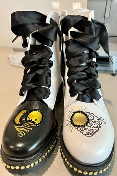 Custom hand painted and rhinestoned, Upcycled mid-calf boot. White, black and gold. Satin ribbon laces. Zip up side. Size EU36. Like new Shoe Customization, Ribbon Laces, Shoe Inspo, Gold Satin, Custom Hand Painted, White Boots, Painted Shoes, Black Ribbon, Mid Calf Boots