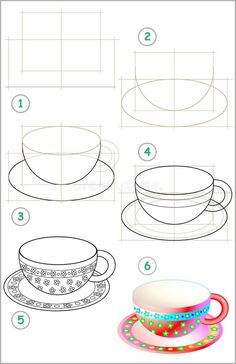 step by step instructions on how to draw a tea cup and saucer with pictures