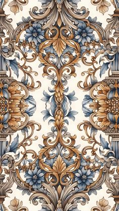 an ornate wallpaper with blue and gold designs