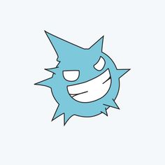 a blue and white cartoon character with an evil grin on it's face, in front of a light blue background