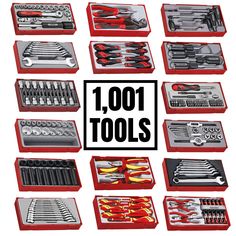 the tools are packed in red boxes with black and white lettering that says 1, 001 tools