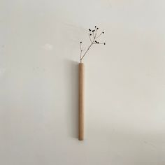 a wooden stick with some flowers sticking out of it on a white wall next to a plant