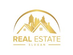 the real estate logo is shown in gold and white with a cityscape behind it