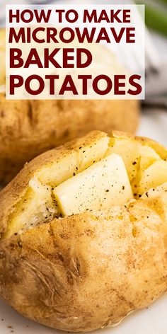 baked potatoes on a white plate with text overlay how to make microwave baked potatoes