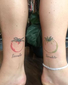 two people with tattoos on their legs that say tomato and tomatoate, both have the same name