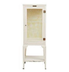 a white cabinet with an open door on the front and bottom shelf, against a white background