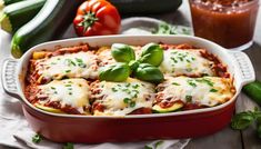 a casserole dish filled with meat, cheese and veggies on a table