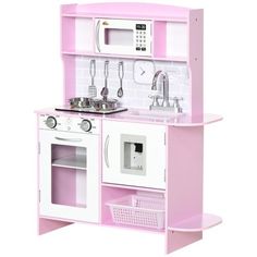 a pink and white play kitchen with sink, microwave and oven