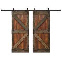 two wooden doors with metal bars on each side