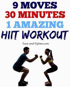 two people doing squats with the text 9 moves 30 minutes 1 amazing hit workout