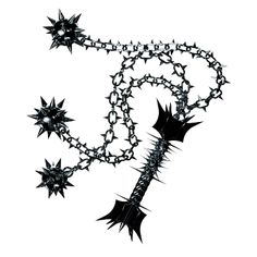 a black and white photo of a chain with spikes attached to it, on a white background