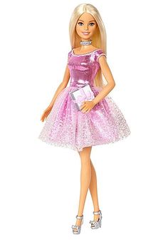 a barbie doll wearing a pink dress and high heeled shoes, holding a purse