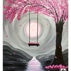 a painting of a swing hanging from a tree with pink flowers in the foreground