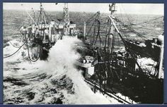 an old black and white photo of ships in the ocean with waves crashing on them