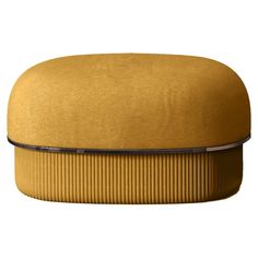 an upholstered yellow ottoman with chrome trim and pleated fabric on the bottom