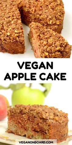 vegan apple cake cut in half and stacked on top of each other with the words vegan apple cake above it