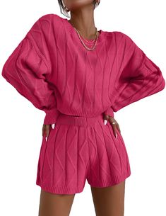 PRICES MAY VARY. Knit lounge sets for women is made of Premium High quality elastic knitted fabric, which is light and soft to ensure that your sleep and leisure are very comfortable. This loungewear include a long drop sleeve sweatshirt top and a high waist matching shorts with waistband,perfect for the relaxing season. This sweatsuit sets for women soft can be easy to pair with daily sneakers or short boots to complete a fashion casual look, or match with high heels for a delicate look. Perfec Sweatsuit Outfits, Textured Crop, Knit Lounge Set, Hot Pink Sweater, Pullover Outfit, Cropped Pullover, Fall Inspiration, Long Sleeve Pullover Sweater, Preppy Casual