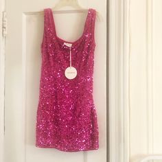 Beautiful Stunning Sequin Dress Perfect For A Night Out. If Interested Post A Comment And I Can Provide Measurement Details. Pink Glitter Dress Short Shoes, Hot Pink Short Sequin Dress, Sequin Dress With Pink Heels, Cheap Sequin Dress, Pink Fitted Glitter Dress, Pink Sparkle Dress Party, Pink Glass Dress, Hlitter Dress, Short Glittery Pink Dress