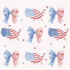 an american flag pattern with bows and stars on the side, all in red white and blue