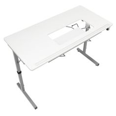 a computer desk with a white top and silver legs on an isolated white background,