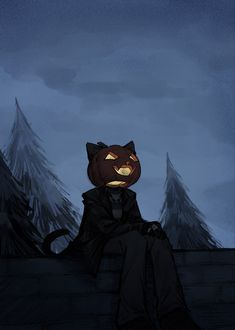 a cat sitting on top of a brick wall with a jack - o'- lantern face