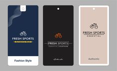 three tags with the words fresh sports, fashion style and bicycle logos on them in different colors