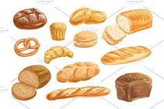 breads and pastries in different shapes, sizes and colors on a white background