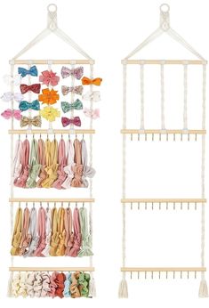 two wooden racks with ties and bows hanging from the top, one holding several different types of bowties