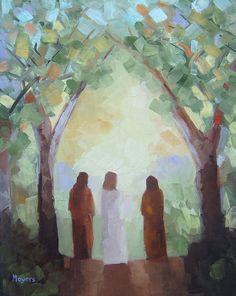 an oil painting of two people standing in the middle of a forest with trees on either side