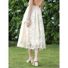 Discover Elegance and Comfort Step into summer with grace and style with our Elegant Floral Lace A-Line Skirt. Perfectly designed to flatter a pear-shaped body, this mid-calf skirt combines timeless elegance with contemporary fashion trends. The intricate lace embroidery adds a touch of sophistication, making it an essential addition to your summer wardrobe. Product Features Made from high-quality polyamide, this skirt features a natural waistline that enhances your silhouette while the non-stretch fabric ensures a structured and flattering fit. The floral lace pattern is not just beautiful; it's a testament to expert craftsmanship and attention to detail. When to Wear This versatile skirt is ideal for various summer occasions. Whether you're attending a casual outdoor event or a more form Spring Beige Dresses With Flared Skirt, Spring Beige Flared Skirt Dress, Spring Midi Length Gathered Skirt, Feminine Knee-length Pleated Skirt, Feminine Beige Skirt For Spring, Beige Flowy Maxi Skirt Midi Length, Beige Flowy Skirt For Spring, Beige Midi Maxi Skirt, Knee-length Pleated Skirt