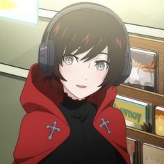 an anime character wearing headphones in front of a book shelf with books on it