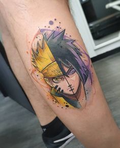 a person with a tattoo on their leg that has an image of the character naruta