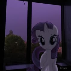 a little pony standing in front of a window with the twilight sky behind it and trees outside