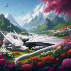 a painting of a white dragon laying on the ground surrounded by flowers and trees with mountains in the background