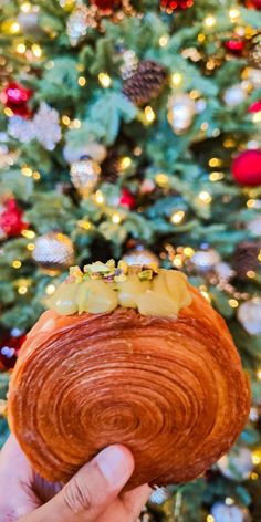 a person holding up a pastry in front of a christmas tree