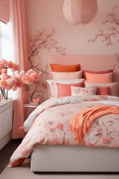 a bedroom with pink walls and bedding, flowers on the wall and orange pillows