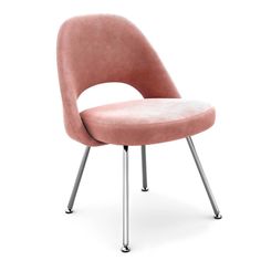 an upholstered pink chair with metal legs and footrests, on a white background