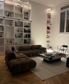 a living room filled with lots of furniture and bookshelves next to a window