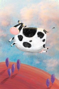 a painting of a cow flying through the air