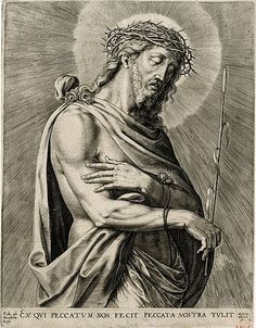 an old black and white drawing of jesus with his arms crossed, wearing a crown